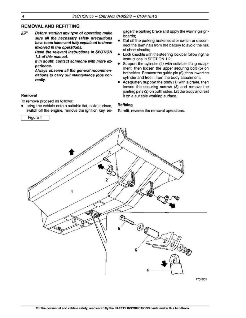 May include: An illustrated diagram from a manual detailing the removal and refitting of a vehicle's cab and chassis components. The image includes numbered parts and arrows, with text instructions for the process. The page number is 4.