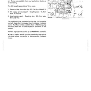 K&ouml;nnte beinhalten: Eine Seite aus einem technischen Handbuch mit dem Titel ISO POWER BEYOND COUPLINGS, die eine Strichzeichnung von drei Hydraulikanschl&uuml;ssen mit den Nummern 1, 2 und 3 zeigt. Der Text beschreibt Kupplungsgr&ouml;&szlig;en, Anschlussgr&ouml;&szlig;en und Betriebsanweisungen.