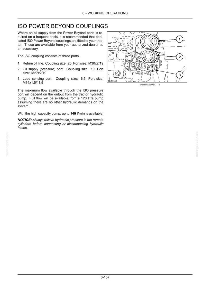 K&ouml;nnte beinhalten: Eine Seite aus einem technischen Handbuch mit dem Titel ISO POWER BEYOND COUPLINGS, die eine Strichzeichnung von drei Hydraulikanschl&uuml;ssen mit den Nummern 1, 2 und 3 zeigt. Der Text beschreibt Kupplungsgr&ouml;&szlig;en, Anschlussgr&ouml;&szlig;en und Betriebsanweisungen.