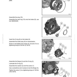 May include: A technical manual page titled SECTION 21 - TRANSMISSION, featuring four black and white diagrams illustrating the assembly of transmission components with numbered parts, including brake discs, rings, plugs, and screws with torque specs.