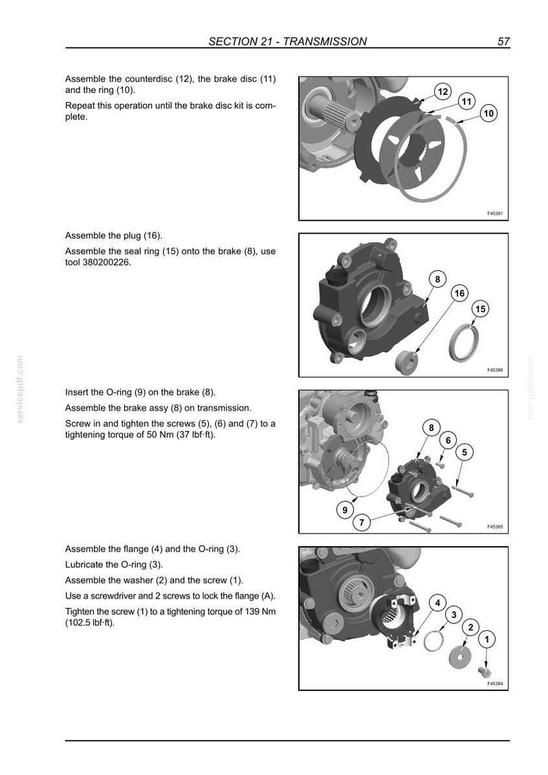 May include: A technical manual page titled SECTION 21 - TRANSMISSION, featuring four black and white diagrams illustrating the assembly of transmission components with numbered parts, including brake discs, rings, plugs, and screws with torque specs.