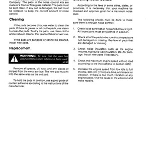 May include: A printed page with the title "NOISE CONTROL" and instructions for cleaning and replacing noise control pads. The text includes warnings and steps for checking noise levels and engine speed.