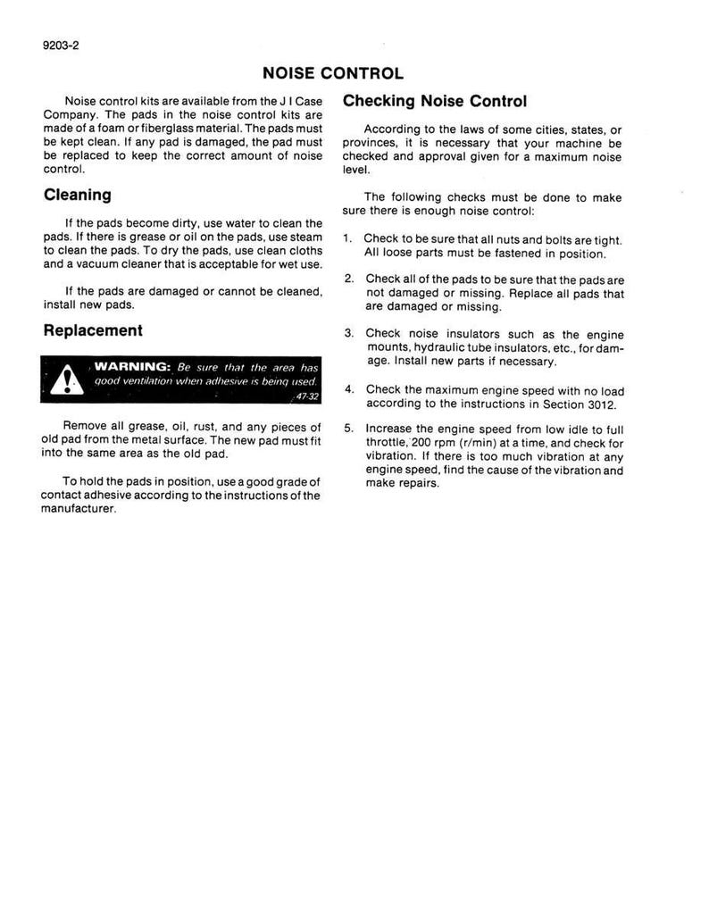 May include: A printed page with the title "NOISE CONTROL" and instructions for cleaning and replacing noise control pads. The text includes warnings and steps for checking noise levels and engine speed.