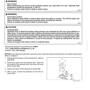 May include: A maintenance manual page detailing hydraulic oil and filter service. Includes warnings about burn hazards, pressurized systems, and escaping fluid. Instructions for oil and filter replacement are provided.