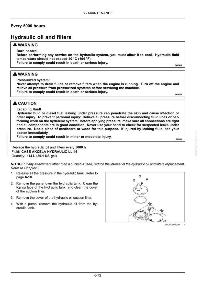 May include: A maintenance manual page detailing hydraulic oil and filter service. Includes warnings about burn hazards, pressurized systems, and escaping fluid. Instructions for oil and filter replacement are provided.
