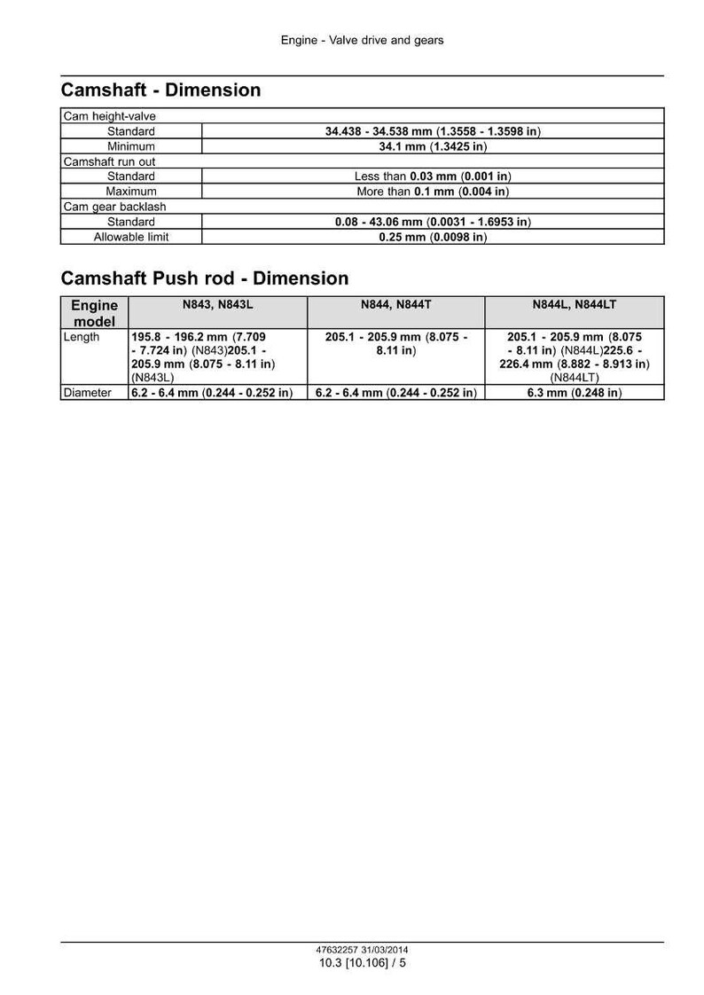 May include: Technical diagram detailing engine camshaft dimensions. Includes measurements for cam height, run out, and gear backlash. Push rod dimensions are also provided, with length and diameter specifications in inches and millimeters.