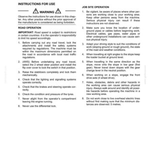 Op de afbeelding: Een technische documentpagina getiteld SECTION 6 JOB SITE AND ROAD INSTRUCTIONS. Het bevat zwarte tekst op een witte achtergrond, met details over veiligheidswaarschuwingen, wegbedieningsprocedures en instructies voor gebruik op de bouwplaats.