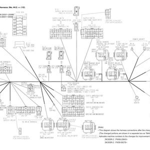 Op de afbeelding: Diagram van een instrumentenpaneel harnas voor toepasselijke machines. Het diagram bevat verschillende connectoren, relais en bedrading, met labels en notaties. De tekst bevat "voor de VS" en machinemodelnummers.