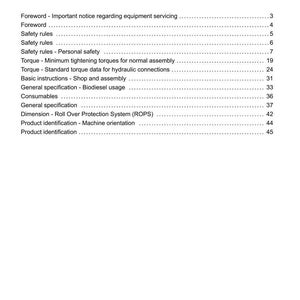 May include: A white page with the title "Contents" and "INTRODUCTION" in bold black text. The page lists various topics, including safety rules, torque data, and product identification, with corresponding page numbers.