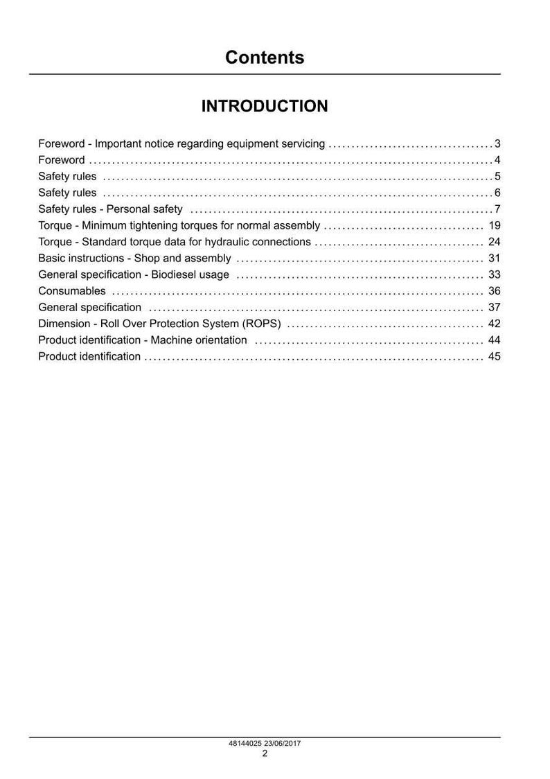 May include: A white page with the title "Contents" and "INTRODUCTION" in bold black text. The page lists various topics, including safety rules, torque data, and product identification, with corresponding page numbers.