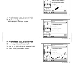 May include: A technical diagram from an electrical systems manual. The document details the 1/3 Fast Speed Reel Calibration process, including steps for counting rotations and adjusting settings. The diagram includes screenshots of a control panel.