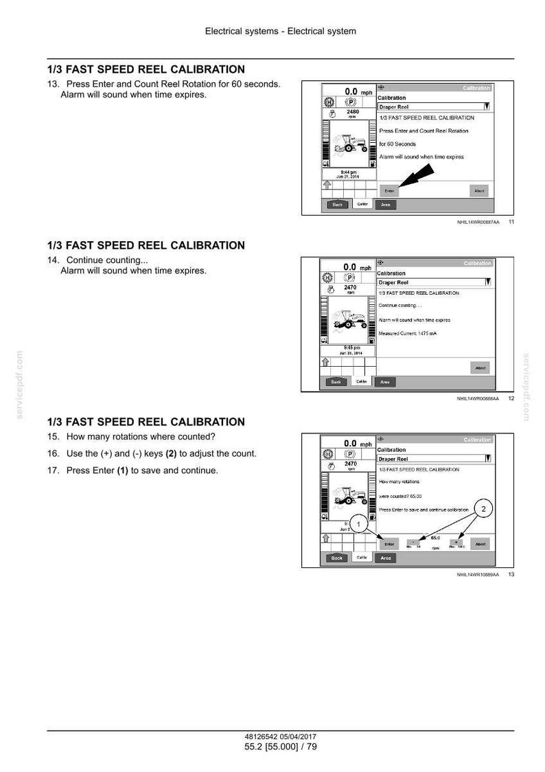 May include: A technical diagram from an electrical systems manual. The document details the 1/3 Fast Speed Reel Calibration process, including steps for counting rotations and adjusting settings. The diagram includes screenshots of a control panel.