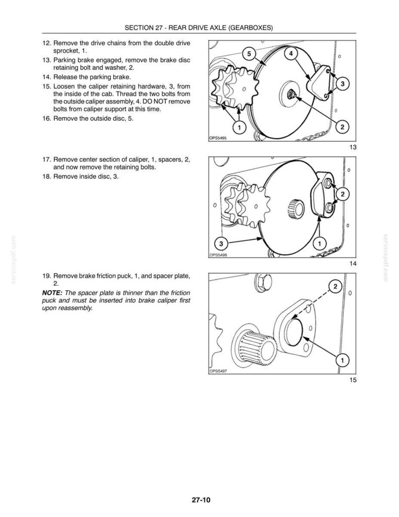 May include: A technical manual page titled SECTION 27 - REAR DRIVE AXLE (GEARBOXES) featuring three black and white line drawings with numbered callouts. The diagrams illustrate the step-by-step disassembly process of a brake disc and caliper assembly.