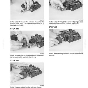 May include: A series of six images showing the steps to install a solenoid coil. The images show hands working with a black mechanical component. Text includes "STEP 442", "STEP 443", "STEP 444", "STEP 445", and "STEP 446".