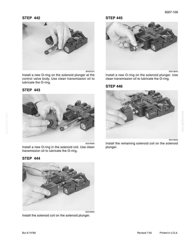 May include: A series of six images showing the steps to install a solenoid coil. The images show hands working with a black mechanical component. Text includes "STEP 442", "STEP 443", "STEP 444", "STEP 445", and "STEP 446".