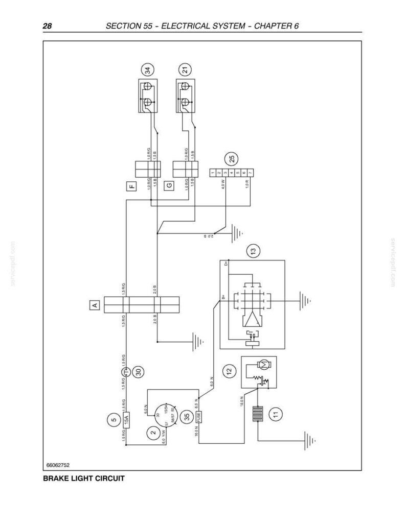May include: Diagram of a brake light circuit, with labels and symbols. The diagram includes text such as "SECTION 55 - ELECTRICAL SYSTEM - CHAPTER 6" and "BRAKE LIGHT CIRCUIT". The image is in black and white.