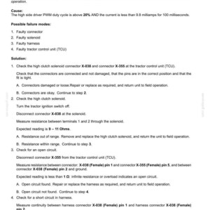 May include: Document detailing fault codes for electrical systems, specifically for a high-range clutch solenoid. Includes troubleshooting steps, expected readings in Ohms, and connector information.