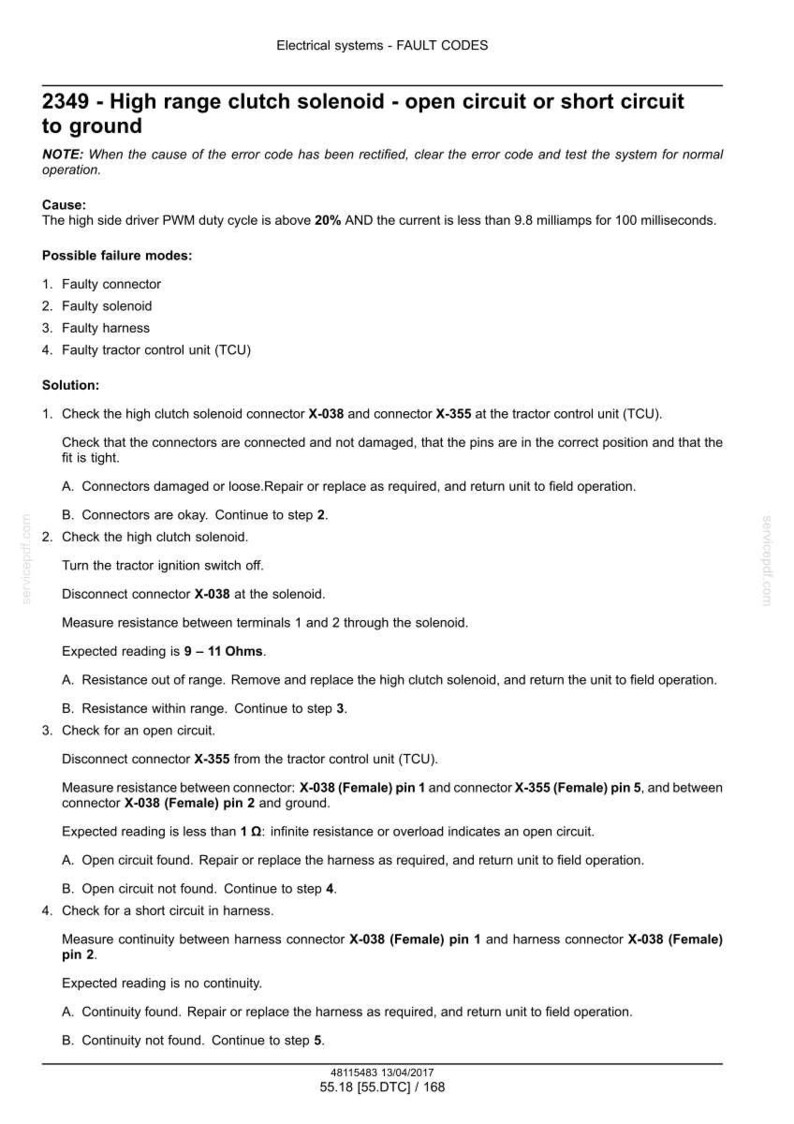 May include: Document detailing fault codes for electrical systems, specifically for a high-range clutch solenoid. Includes troubleshooting steps, expected readings in Ohms, and connector information.