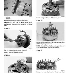 May include: A detailed diagram illustrating the disassembly of a mechanical component, likely a gear system. The image shows various steps, including removing parts like springs, bushings, and the sun gear shaft. Text instructions accompany each step.
