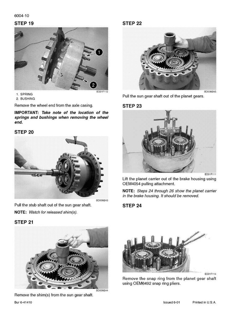 May include: A detailed diagram illustrating the disassembly of a mechanical component, likely a gear system. The image shows various steps, including removing parts like springs, bushings, and the sun gear shaft. Text instructions accompany each step.