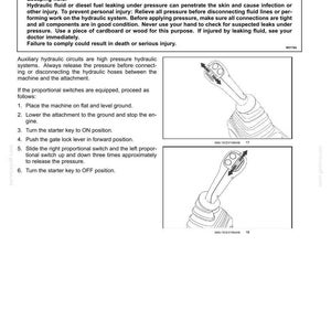 May include: A technical diagram from a manual detailing auxiliary hydraulic circuits and pressure release procedures. The image includes warnings about escaping fluid and instructions for safe operation, with illustrations of control levers.