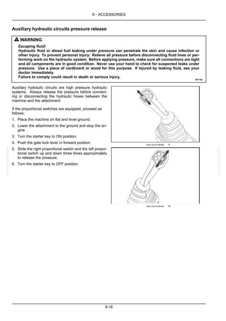 May include: A technical diagram from a manual detailing auxiliary hydraulic circuits and pressure release procedures. The image includes warnings about escaping fluid and instructions for safe operation, with illustrations of control levers.