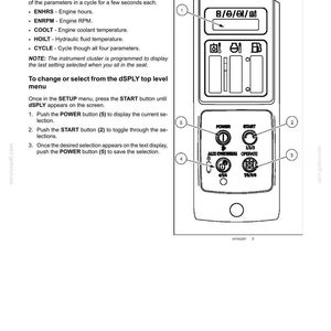 以下が含まれることがあります： デジタルテキストディスプレイ、一連のアイコン、およびPOWER、START、OPERATE、AUX OVERRIDEとラベル付けされた5つの番号付きボタンを備えたコントロールパネルの技術図。ドキュメントにはdSPLYメニューの操作手順が含まれています。