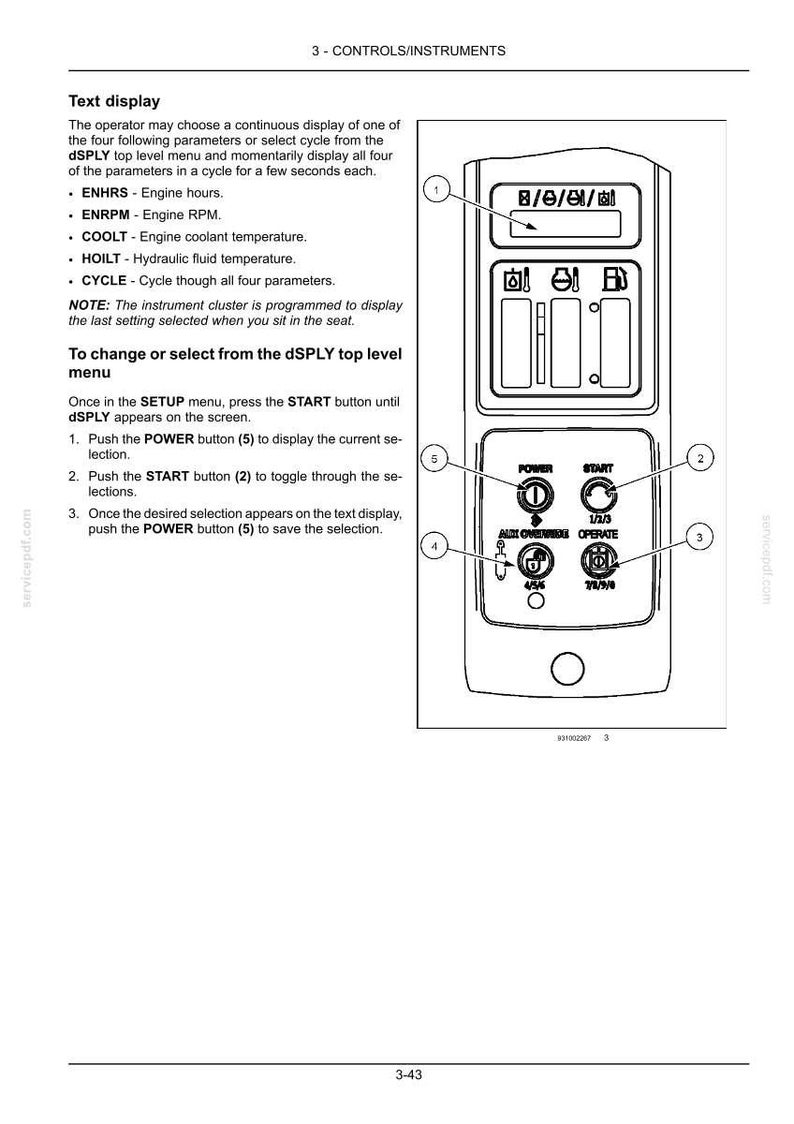 以下が含まれることがあります： デジタルテキストディスプレイ、一連のアイコン、およびPOWER、START、OPERATE、AUX OVERRIDEとラベル付けされた5つの番号付きボタンを備えたコントロールパネルの技術図。ドキュメントにはdSPLYメニューの操作手順が含まれています。