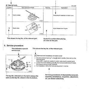 May include: A page from a manual detailing special tools and service procedures. The image includes diagrams of tools like a clutch installer and master plate, with part numbers and applications. Text explains removal and installation steps.