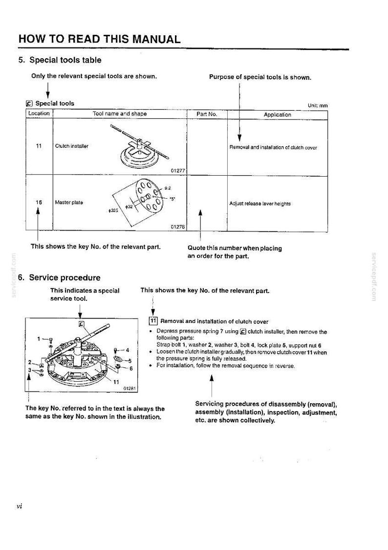 May include: A page from a manual detailing special tools and service procedures. The image includes diagrams of tools like a clutch installer and master plate, with part numbers and applications. Text explains removal and installation steps.