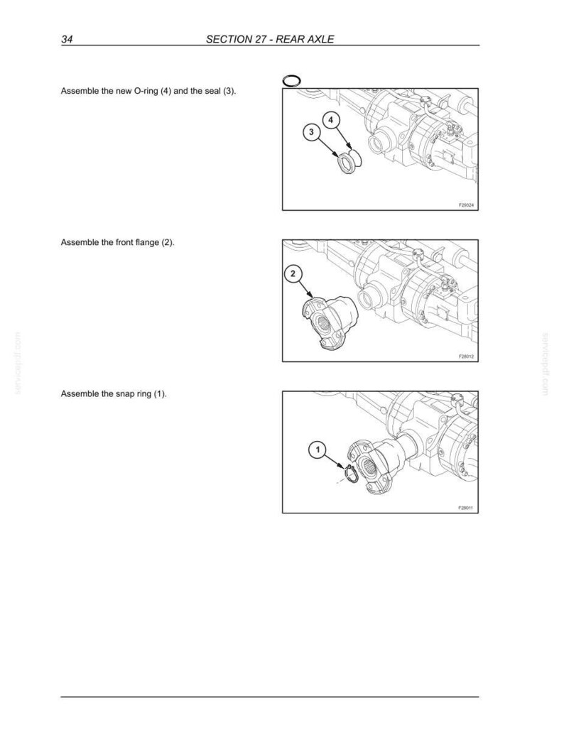K&ouml;nnte beinhalten: Diagramm aus einem Handbuch, das die Montage einer Hinterachse zeigt. Das Bild enth&auml;lt Illustrationen eines O-Rings, einer Dichtung, einer vorderen Flansch und eines Sicherungsrings, mit Beschriftungen und Pfeilen, die die Montageschritte anzeigen. Text enth&auml;lt "SECTION 27 - REAR AXLE".