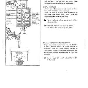 May include: A technical manual page illustrating a fuse box diagram with labels for solenoid valve, flasher, wiper, heater, and fan. It includes instructions for replacing fuses, a K.P.S.S. work mode release switch diagram, and safety warnings.