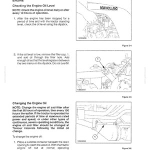 May include: A technical manual page titled LUBRICATION AND MAINTENANCE, detailing fuel and lubricant service procedures for a New Holland engine. It includes three black and white line drawings showing engine oil level checks, filler cap, and drain plug.