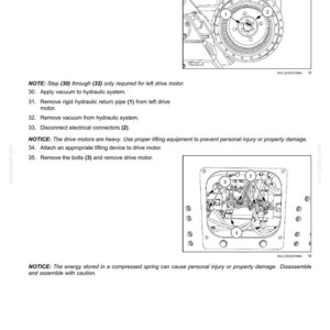 May include: Diagram of tracks and track suspension components, including a planetary final drive housing and drive motor. The image includes numbered labels and instructions for disassembly and maintenance. Text includes safety notices.