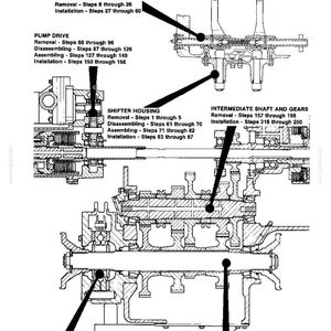 May include: Detailed diagram of mechanical components, including shifter rail and forks, pump drive, shifter housing, intermediate shaft and gears, brake housing, and output shaft and gears. Text labels and step numbers are included.