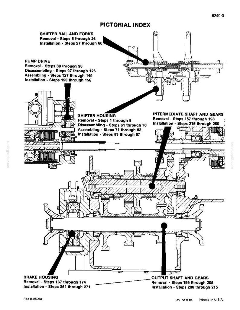May include: Detailed diagram of mechanical components, including shifter rail and forks, pump drive, shifter housing, intermediate shaft and gears, brake housing, and output shaft and gears. Text labels and step numbers are included.