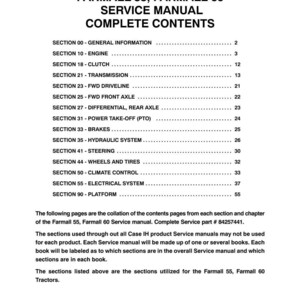Pode incluir: Uma p&aacute;gina branca de um manual de servi&ccedil;o Farmall 55, Farmall 60. O t&iacute;tulo "COMPLETE CONTENTS" est&aacute; no topo, seguido por uma lista de se&ccedil;&otilde;es, incluindo Motor, Embreagem, Transmiss&atilde;o e Freios. O manual &eacute; para tratores.