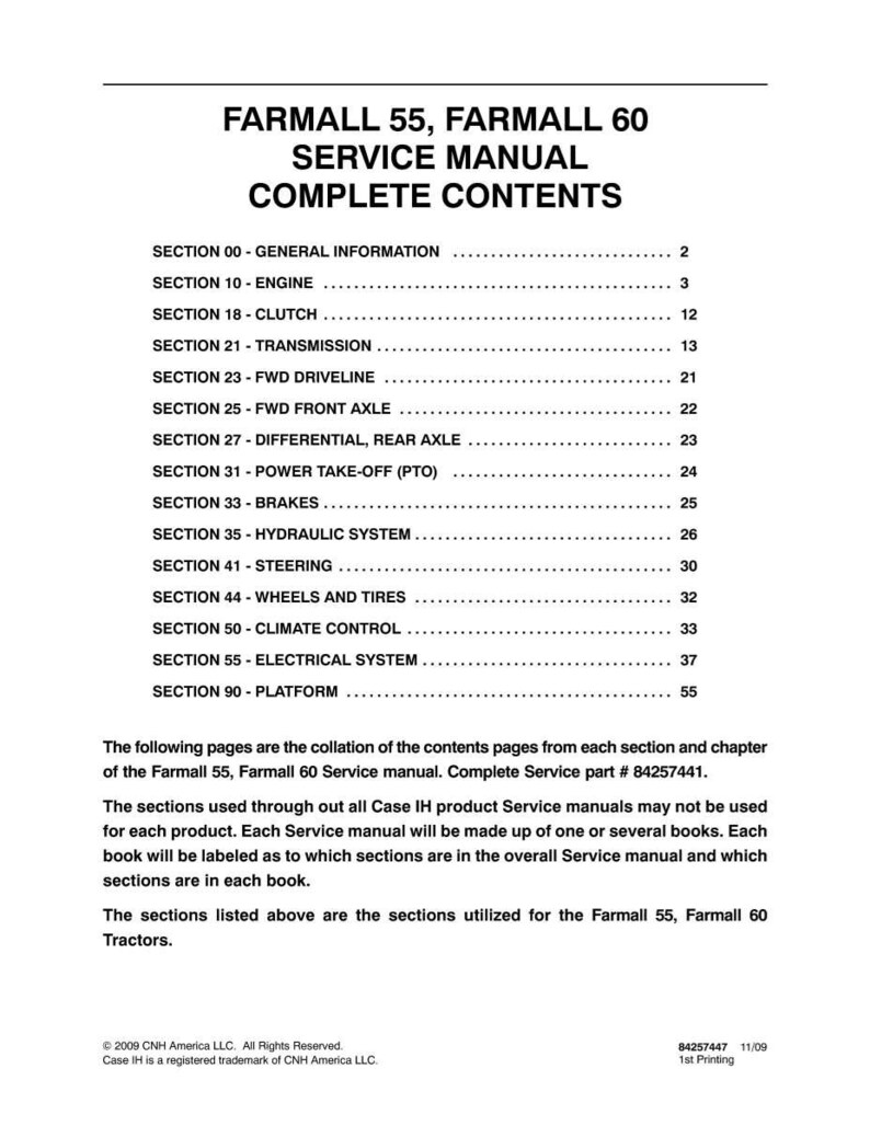 Pode incluir: Uma p&aacute;gina branca de um manual de servi&ccedil;o Farmall 55, Farmall 60. O t&iacute;tulo "COMPLETE CONTENTS" est&aacute; no topo, seguido por uma lista de se&ccedil;&otilde;es, incluindo Motor, Embreagem, Transmiss&atilde;o e Freios. O manual &eacute; para tratores.