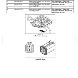 Może przedstawiać: Schemat element&oacute;w elektrycznych, w tym złącza oznaczonego jako "Connector X-264" i "Left mirror assembly". Schemat zawiera tabelę z numerami pin&oacute;w, numerami przewod&oacute;w i odniesieniami do obwod&oacute;w. Widoczny jest tekst "DEUTSCH".