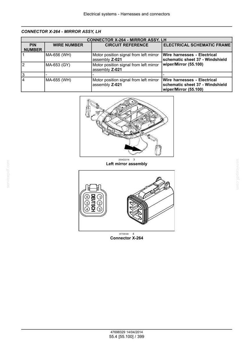 Może przedstawiać: Schemat element&oacute;w elektrycznych, w tym złącza oznaczonego jako "Connector X-264" i "Left mirror assembly". Schemat zawiera tabelę z numerami pin&oacute;w, numerami przewod&oacute;w i odniesieniami do obwod&oacute;w. Widoczny jest tekst "DEUTSCH".