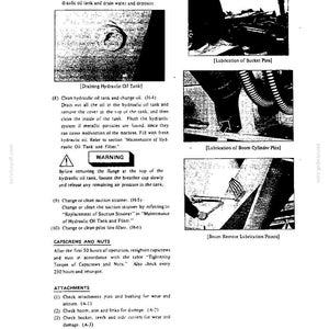 May include: A technical manual page titled 4-15 containing maintenance instructions for heavy machinery, including steps for draining the hydraulic oil tank, lubricating bucket, boom cylinder, and boom remote pins, with warning text.