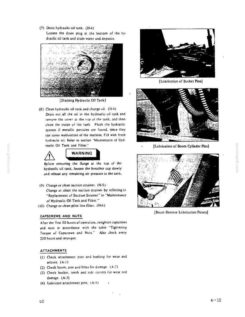 May include: A technical manual page titled 4-15 containing maintenance instructions for heavy machinery, including steps for draining the hydraulic oil tank, lubricating bucket, boom cylinder, and boom remote pins, with warning text.