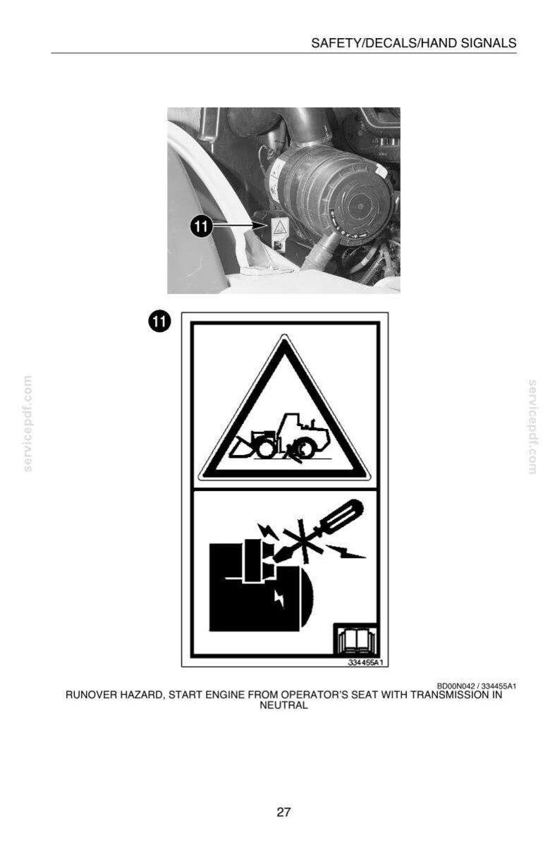 May include: Diagram of safety decals and hand signals. The image includes a warning sign with a forklift symbol and a symbol of a screwdriver and electrical sparks. Text at the bottom warns of runover hazards.