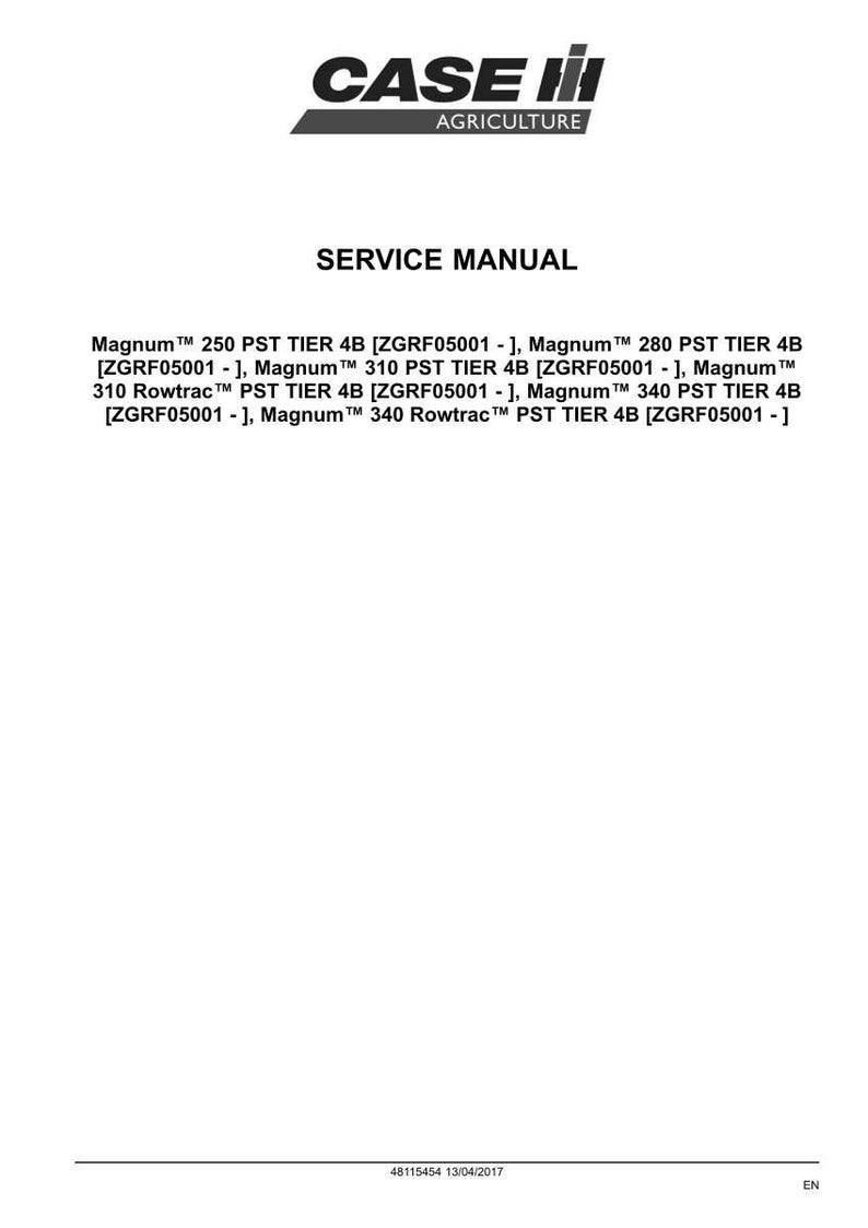 May include: A white document with the CASE IH Agriculture logo and the words "SERVICE MANUAL". The document lists Magnum PST TIER 4B models, including 250, 280, 310, 310 Rowtrac, 340, and 340 Rowtrac.
