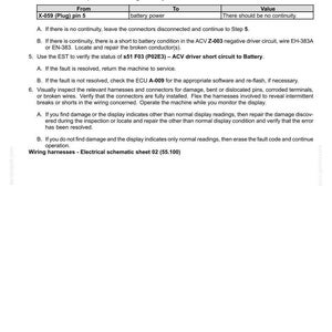 May include: A diagnostic document detailing electrical system fault codes. The text includes instructions for continuity checks, troubleshooting steps, and component inspection. The document provides guidance for resolving issues related to wiring harnesses and electrical schematics.