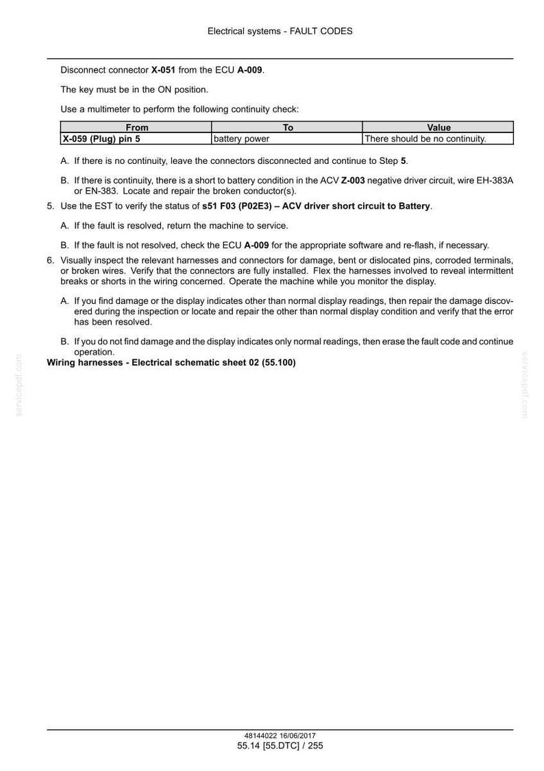 May include: A diagnostic document detailing electrical system fault codes. The text includes instructions for continuity checks, troubleshooting steps, and component inspection. The document provides guidance for resolving issues related to wiring harnesses and electrical schematics.