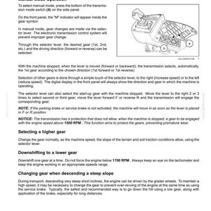 May include: Diagram of a control panel with a lever and buttons, likely for heavy machinery. The image includes text explaining manual mode operation, gear selection, and safety precautions. The panel has a lever and several buttons.
