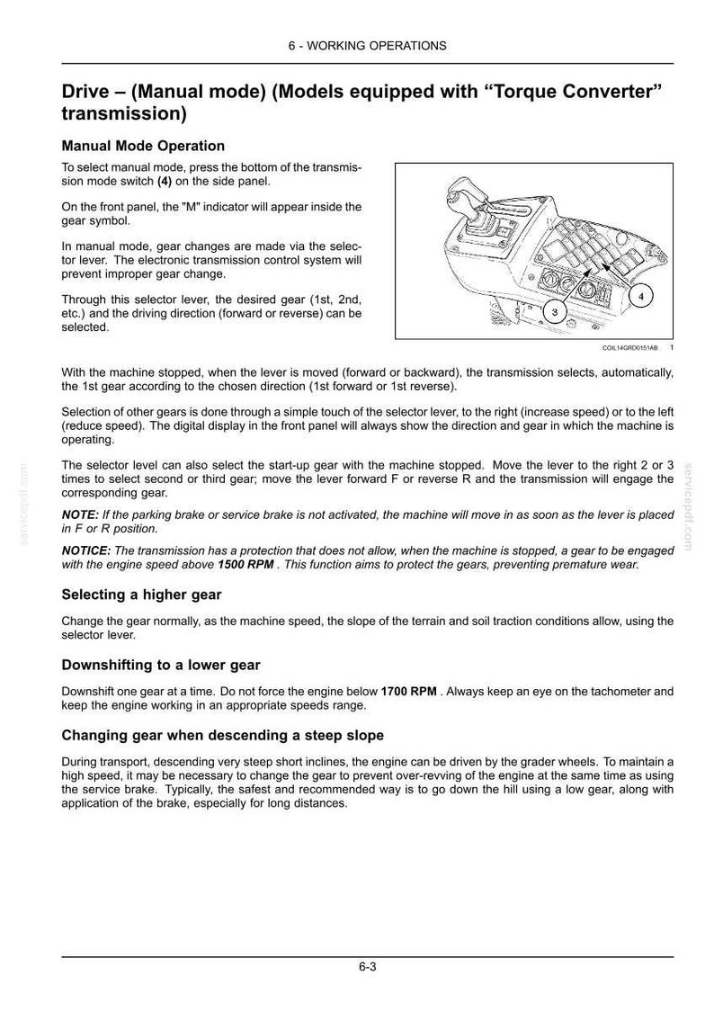 May include: Diagram of a control panel with a lever and buttons, likely for heavy machinery. The image includes text explaining manual mode operation, gear selection, and safety precautions. The panel has a lever and several buttons.