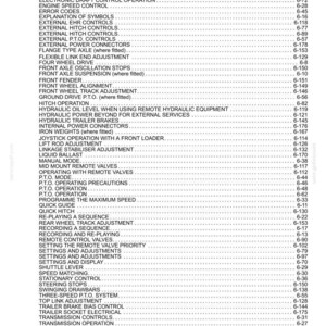 May include: A black and white technical document page featuring a comprehensive alphabetical index of tractor components and operational settings, including entries like Differential Lock, Electronic Draft Control, and Hydraulic Trailer Brakes with page numbers.