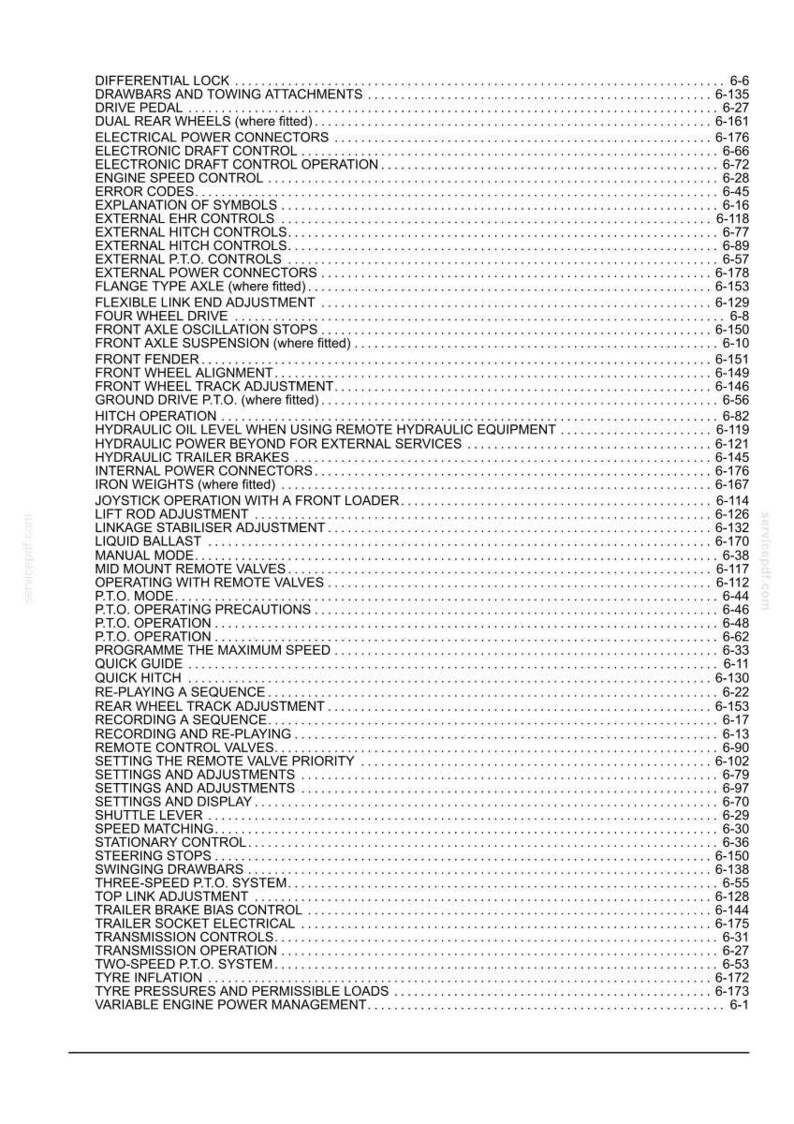 May include: A black and white technical document page featuring a comprehensive alphabetical index of tractor components and operational settings, including entries like Differential Lock, Electronic Draft Control, and Hydraulic Trailer Brakes with page numbers.